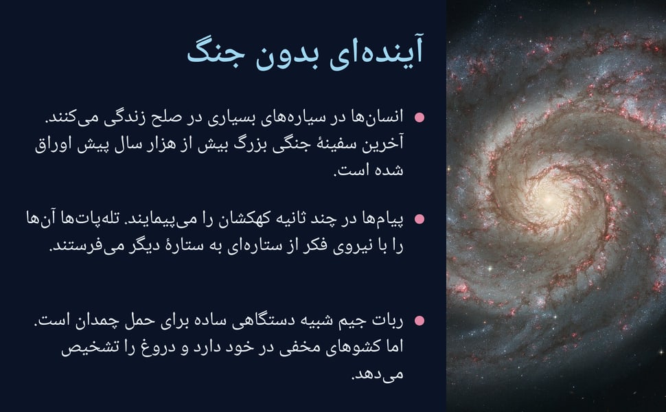 آیندهای بدون جنگ. انسانها در سیارههای بسیاری در صلح زندگی میکنند. آخرین سفینهٔ جنگی بزرگ بیش از هزار سال پیش اوراق شده است.