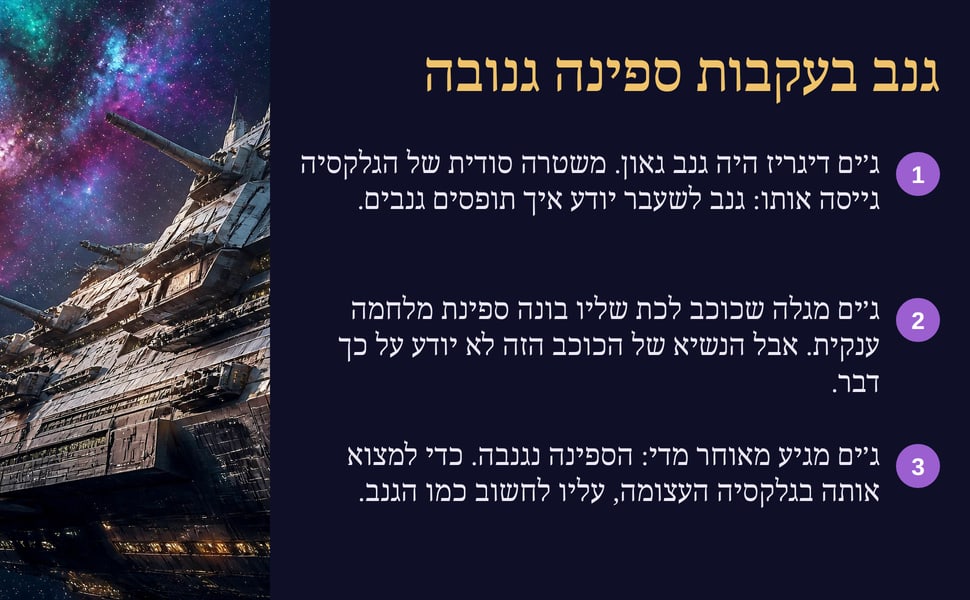 גנב בעקבות ספינה גנובה. ג׳ים דיגריז היה גנב גאון. משטרה סודית של הגלקסיה גייסה אותו: גנב לשעבר יודע איך תופסים גנבים.