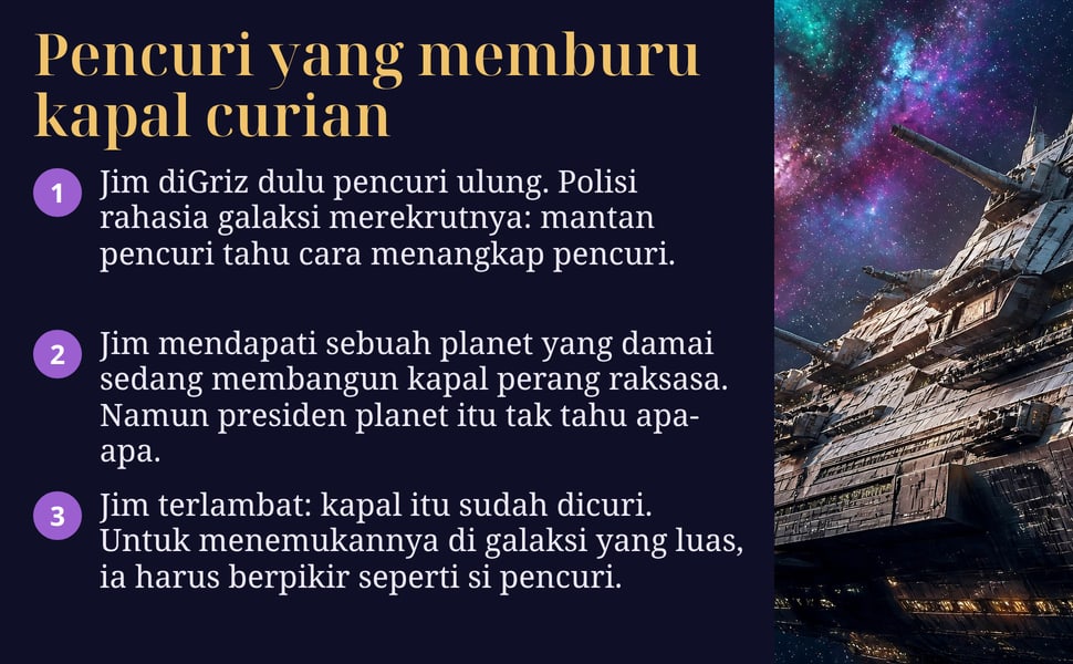 Pencuri yang memburu kapal curian. Jim diGriz dulu pencuri ulung. Polisi rahasia galaksi merekrutnya: mantan pencuri tahu cara menangkap pencuri.