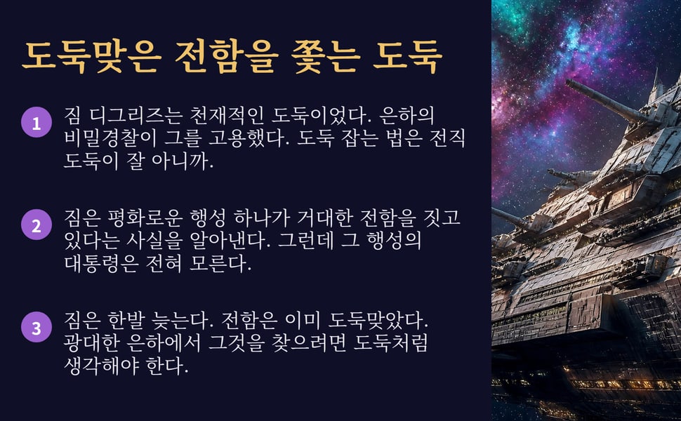 도둑맞은 전함을 쫓는 도둑. 짐 디그리즈는 천재적인 도둑이었다. 은하의 비밀경찰이 그를 고용했다. 도둑 잡는 법은 전직 도둑이 잘 아니까.
