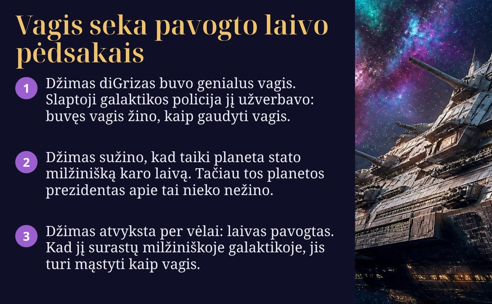 Vagis seka pavogto laivo pėdsakais. Džimas diGrizas buvo genialus vagis. Slaptoji galaktikos policija jį užverbavo: buvęs vagis žino, kaip gaudyti vagis.