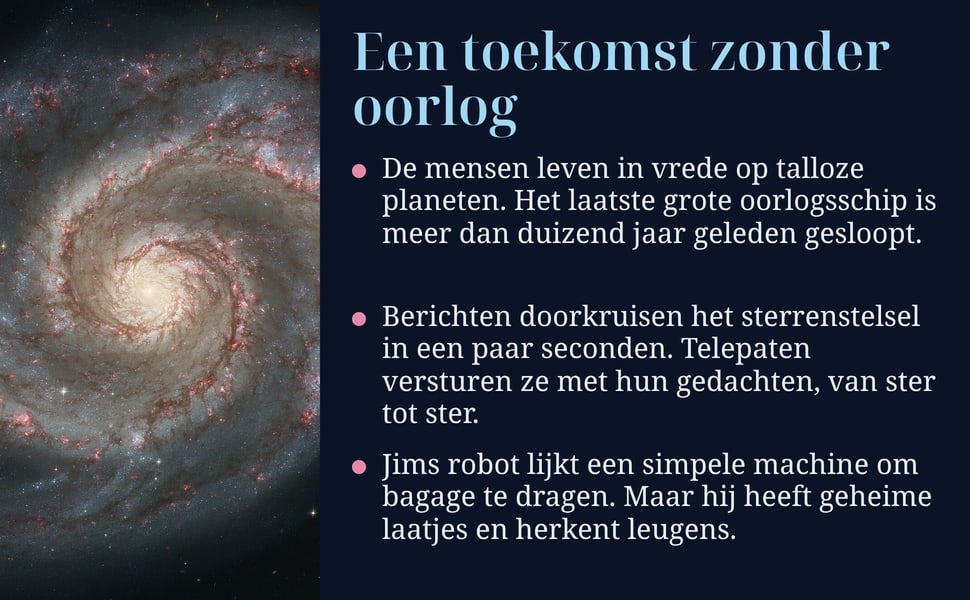 Een toekomst zonder oorlog. De mensen leven in vrede op talloze planeten. Het laatste grote oorlogsschip is meer dan duizend jaar geleden gesloopt.