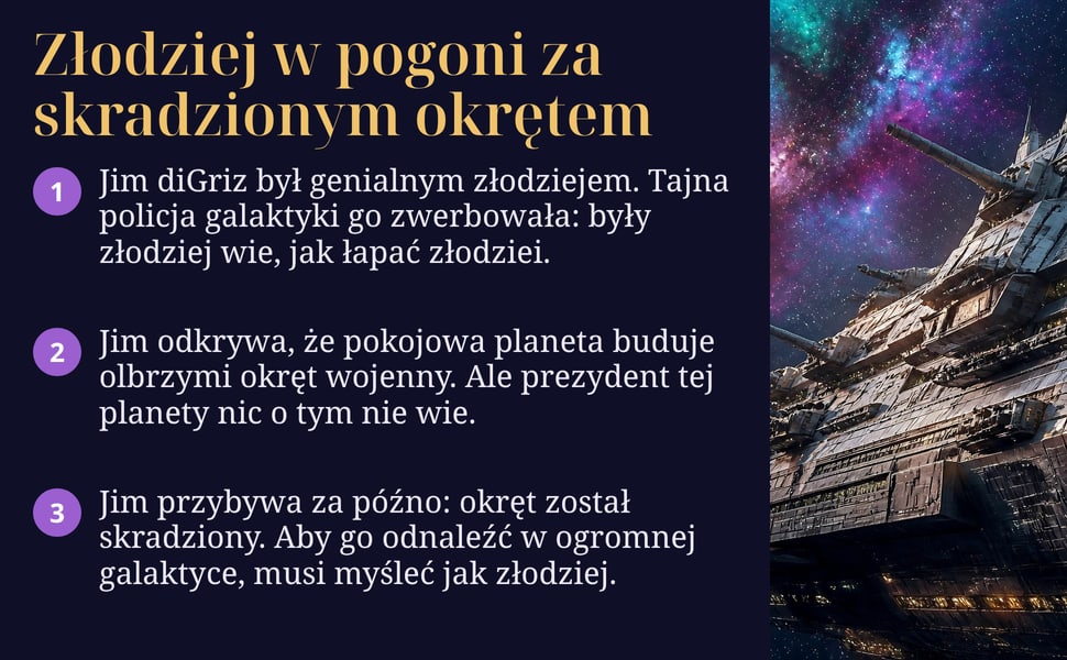 Złodziej w pogoni za skradzionym okrętem. Jim diGriz był genialnym złodziejem. Tajna policja galaktyki go zwerbowała: były złodziej wie, jak łapać złodziei.