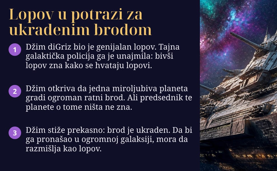 Lopov u potrazi za ukradenim brodom. Džim diGriz bio je genijalan lopov. Tajna galaktička policija ga je unajmila: bivši lopov zna kako se hvataju lopovi.