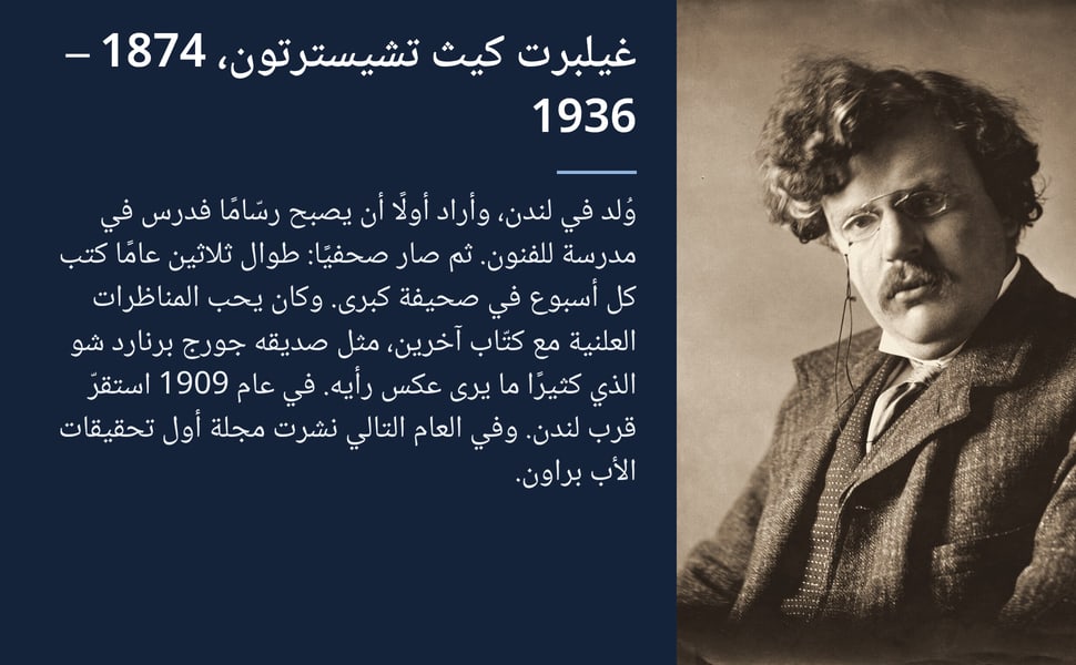 غيلبرت كيث تشيسترتون، 1874 – 1936. وُلد في لندن، وأراد أولًا أن يصبح رسّامًا فدرس في مدرسة للفنون. ثم صار صحفيًا: طوال ثلاثين عامًا كتب كل أسبوع في صحيفة كبرى. وكان يحب المناظرات العلنية مع كتّاب آخرين، مثل صديقه جورج…