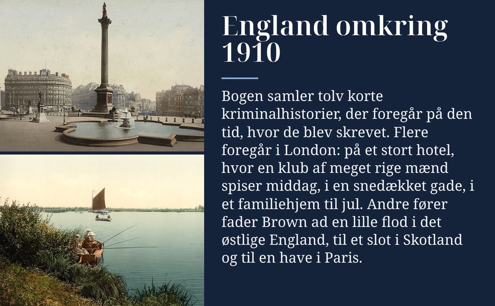 England omkring 1910. Bogen samler tolv korte kriminalhistorier, der foregår på den tid, hvor de blev skrevet. Flere foregår i London: på et stort hotel, hvor en klub af meget rige mænd spiser middag, i en snedækket…