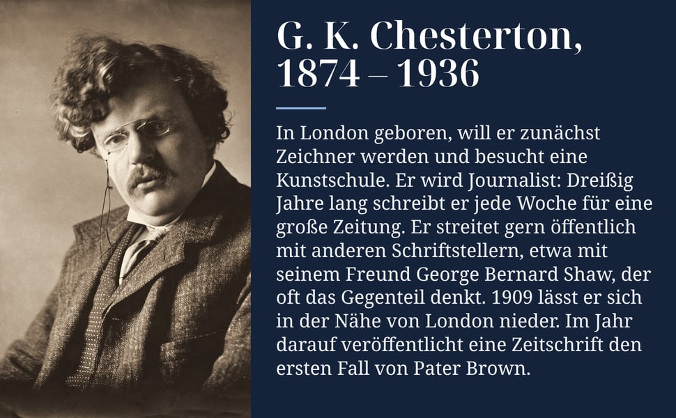 G. K. Chesterton, 1874 – 1936. In London geboren, will er zunächst Zeichner werden und besucht eine Kunstschule. Er wird Journalist: Dreißig Jahre lang schreibt er jede Woche für eine große Zeitung. Er streitet gern…