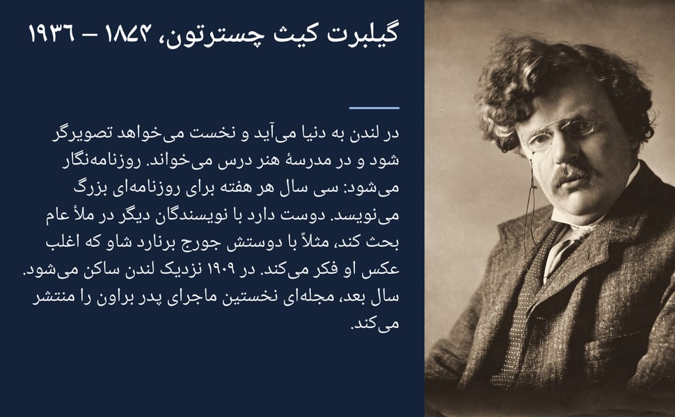 گیلبرت کیث چسترتون، ۱۸۷۴ – ۱۹۳۶. در لندن به دنیا میآید و نخست میخواهد تصویرگر شود و در مدرسهٔ هنر درس میخواند. روزنامهنگار میشود: سی سال هر هفته برای روزنامهای بزرگ مینویسد. دوست دارد با نویسندگان دیگر در ملأ…