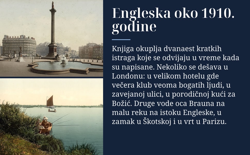 Engleska oko 1910. godine. Knjiga okuplja dvanaest kratkih istraga koje se odvijaju u vreme kada su napisane. Nekoliko se dešava u Londonu: u velikom hotelu gde večera klub veoma bogatih ljudi, u zavejanoj ulici, u…