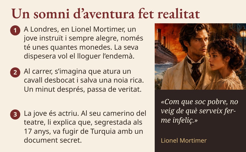 Un somni d’aventura fet realitat. A Londres, en Lionel Mortimer, un jove instruït i sempre alegre, només té unes quantes monedes. La seva dispesera vol el lloguer l’endemà.