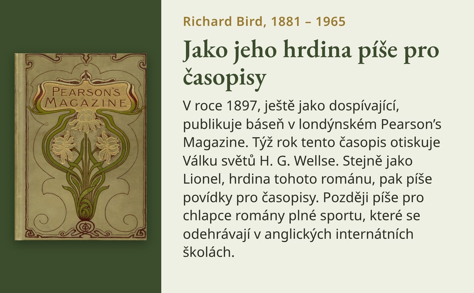 Jako jeho hrdina píše pro časopisy. V roce 1897, ještě jako dospívající, publikuje báseň v londýnském Pearson’s Magazine. Týž rok tento časopis otiskuje Válku světů H. G. Wellse. Stejně jako Lionel, hrdina tohoto…