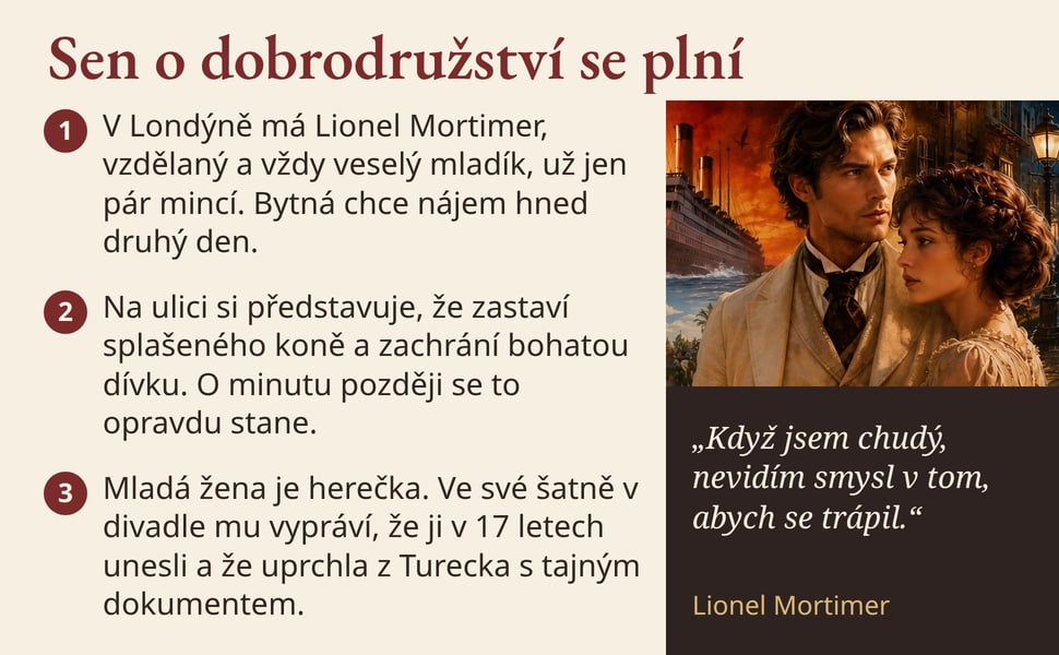 Sen o dobrodružství se plní. V Londýně má Lionel Mortimer, vzdělaný a vždy veselý mladík, už jen pár mincí. Bytná chce nájem hned druhý den.
