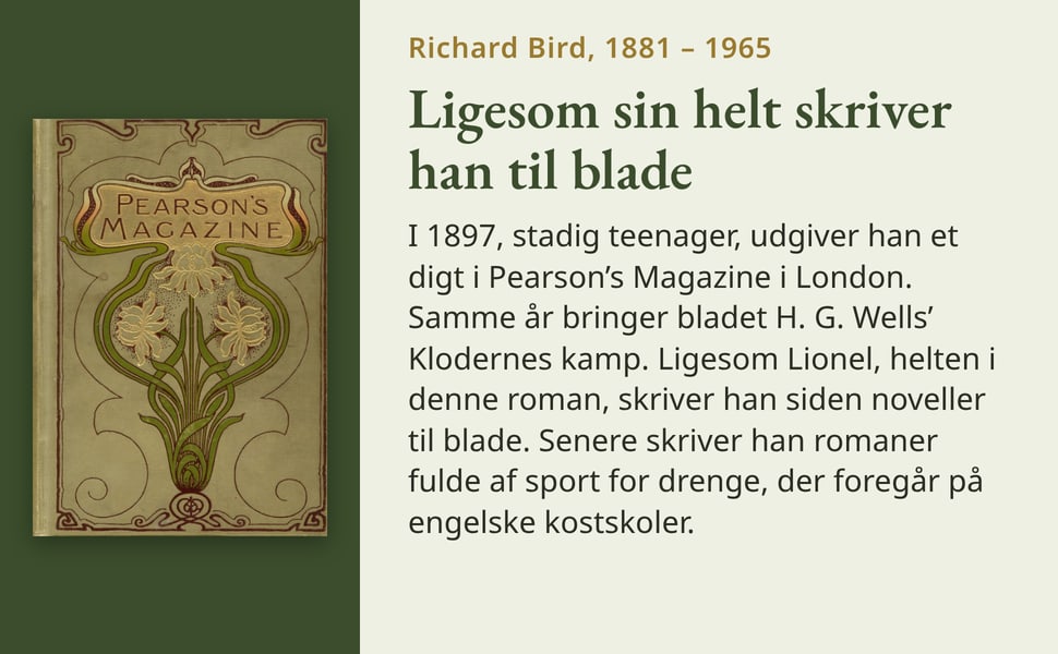Ligesom sin helt skriver han til blade. I 1897, stadig teenager, udgiver han et digt i Pearson’s Magazine i London. Samme år bringer bladet H. G. Wells’ Klodernes kamp. Ligesom Lionel, helten i denne roman, skriver han…