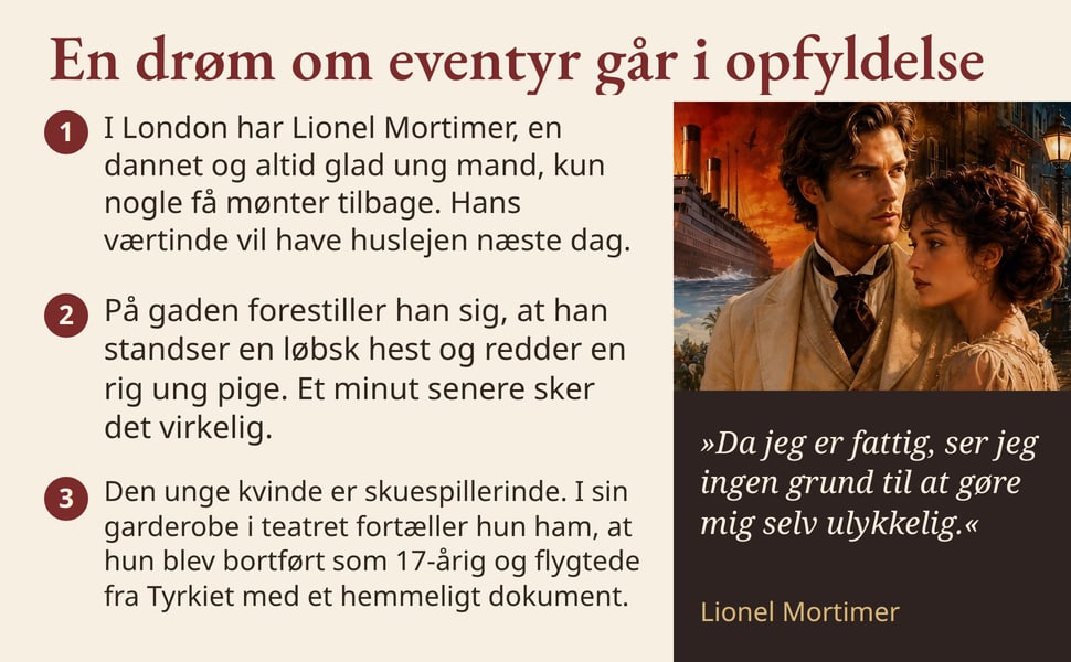 En drøm om eventyr går i opfyldelse. I London har Lionel Mortimer, en dannet og altid glad ung mand, kun nogle få mønter tilbage. Hans værtinde vil have huslejen næste dag.
