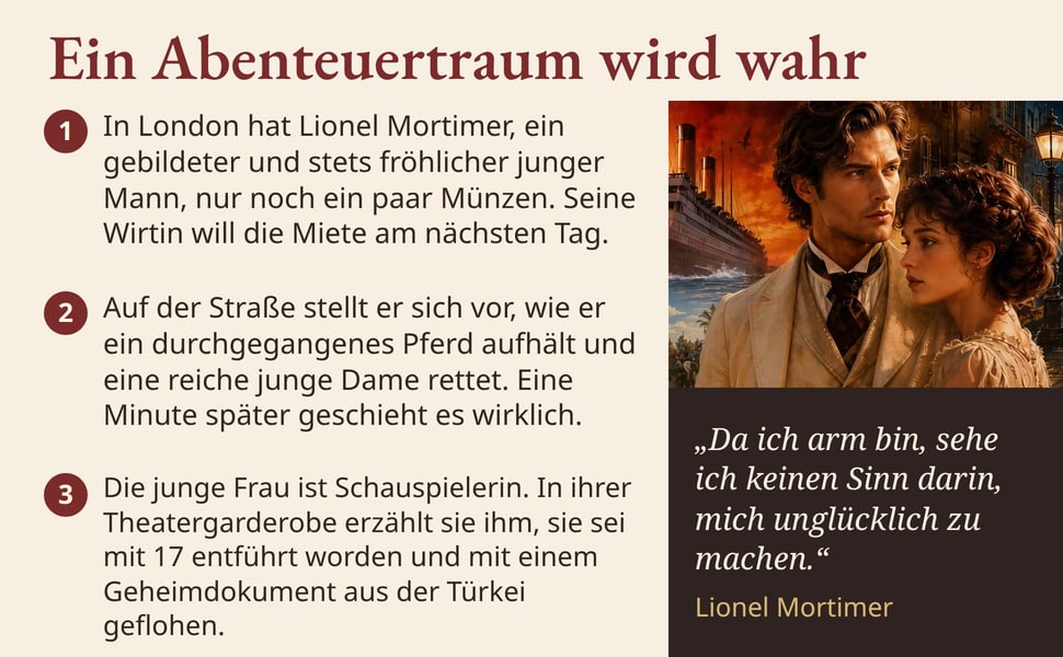 Ein Abenteuertraum wird wahr. In London hat Lionel Mortimer, ein gebildeter und stets fröhlicher junger Mann, nur noch ein paar Münzen. Seine Wirtin will die Miete am nächsten Tag.
