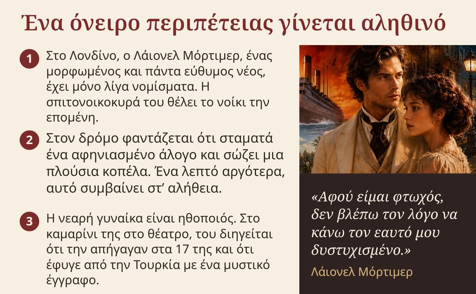 Ένα όνειρο περιπέτειας γίνεται αληθινό. Στο Λονδίνο, ο Λάιονελ Μόρτιμερ, ένας μορφωμένος και πάντα εύθυμος νέος, έχει μόνο λίγα νομίσματα. Η σπιτονοικοκυρά του θέλει το νοίκι την επομένη.