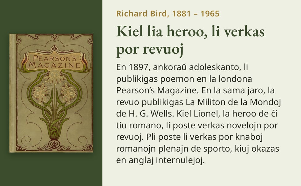 Kiel lia heroo, li verkas por revuoj. En 1897, ankoraŭ adoleskanto, li publikigas poemon en la londona Pearson’s Magazine. En la sama jaro, la revuo publikigas La Militon de la Mondoj de H. G. Wells. Kiel Lionel, la…