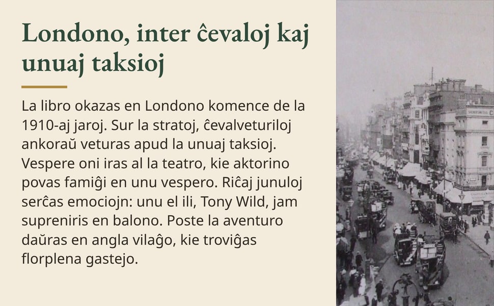Londono, inter ĉevaloj kaj unuaj taksioj. La libro okazas en Londono komence de la 1910-aj jaroj. Sur la stratoj, ĉevalveturiloj ankoraŭ veturas apud la unuaj taksioj. Vespere oni iras al la teatro, kie aktorino povas…