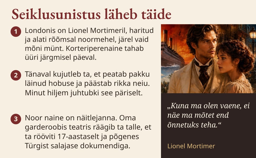Seiklusunistus läheb täide. Londonis on Lionel Mortimeril, haritud ja alati rõõmsal noormehel, järel vaid mõni münt. Korteriperenaine tahab üüri järgmisel päeval.