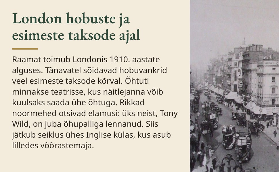 London hobuste ja esimeste taksode ajal. Raamat toimub Londonis 1910. aastate alguses. Tänavatel sõidavad hobuvankrid veel esimeste taksode kõrval. Õhtuti minnakse teatrisse, kus näitlejanna võib kuulsaks saada ühe…