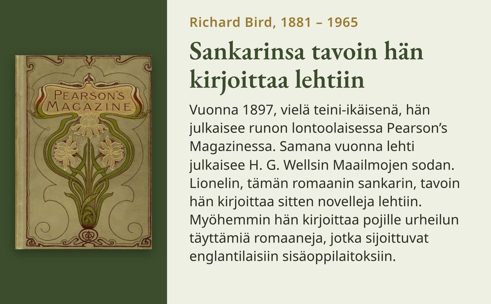 Sankarinsa tavoin hän kirjoittaa lehtiin. Vuonna 1897, vielä teini-ikäisenä, hän julkaisee runon lontoolaisessa Pearson’s Magazinessa. Samana vuonna lehti julkaisee H. G. Wellsin Maailmojen sodan. Lionelin, tämän…