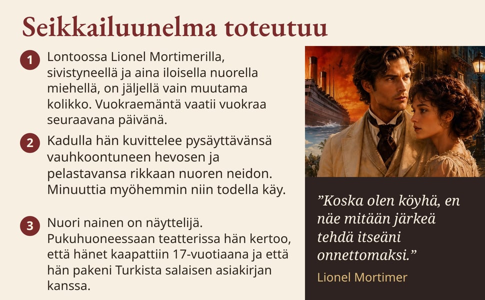 Seikkailuunelma toteutuu. Lontoossa Lionel Mortimerilla, sivistyneellä ja aina iloisella nuorella miehellä, on jäljellä vain muutama kolikko. Vuokraemäntä vaatii vuokraa seuraavana päivänä.