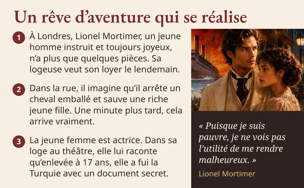 Un rêve d’aventure qui se réalise. 1. À Londres, Lionel Mortimer, un jeune homme instruit et toujours joyeux, n’a plus que quelques pièces. Sa logeuse veut son loyer le lendemain. 2. Dans la rue, il imagine qu’il arrête un cheval emballé et sauve une riche jeune fille. Une minute plus tard, cela arrive vraiment. 3. La jeune femme est actrice. Dans sa loge au théâtre, elle lui raconte qu’enlevée à 17 ans, elle a fui la Turquie avec un document secret. « Puisque je suis pauvre, je ne vois pas l’utilité de me rendre malheureux. » Lionel Mortimer. Image : un jeune homme et une jeune femme, en costumes du début du XXe siècle.