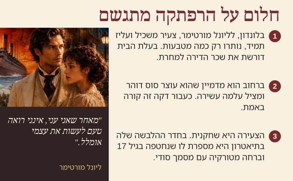 חלום על הרפתקה מתגשם. בלונדון, לליונל מורטימר, צעיר משכיל ועליז תמיד, נותרו רק כמה מטבעות. בעלת הבית דורשת את שכר הדירה למחרת.