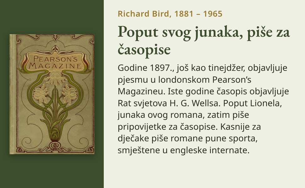 Poput svog junaka, piše za časopise. Godine 1897., još kao tinejdžer, objavljuje pjesmu u londonskom Pearson’s Magazineu. Iste godine časopis objavljuje Rat svjetova H. G. Wellsa. Poput Lionela, junaka ovog romana…