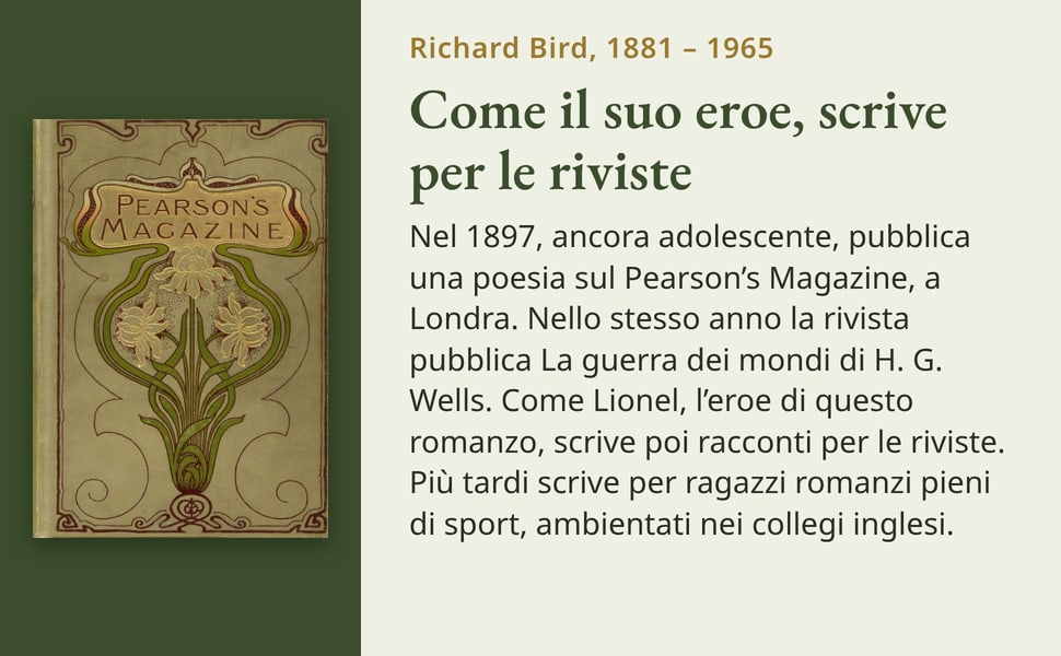 Come il suo eroe, scrive per le riviste. Nel 1897, ancora adolescente, pubblica una poesia sul Pearson’s Magazine, a Londra. Nello stesso anno la rivista pubblica La guerra dei mondi di H. G. Wells. Come Lionel, l’eroe…