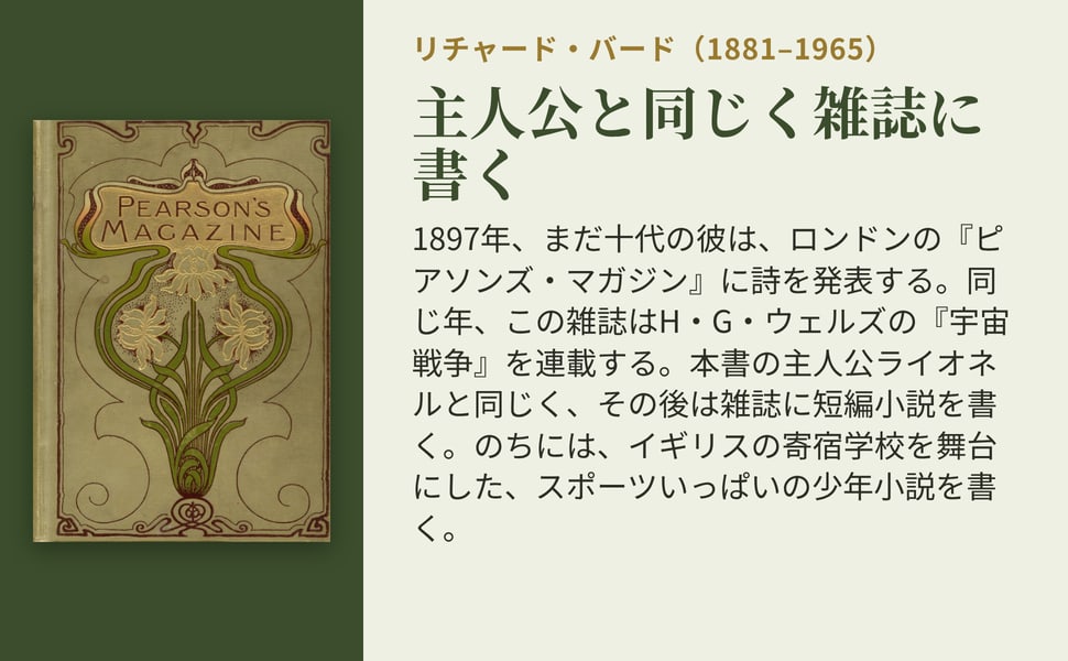 主人公と同じく雑誌に書く。1897年、まだ十代の彼は、ロンドンの『ピアソンズ・マガジン』に詩を発表する。同じ年、この雑誌はH・G・ウェルズの『宇宙戦争』を連載する。本書の主人公ライオネルと同じく、その後は雑誌に短編小説を書く。のちには、イギリスの寄宿学校を舞台にした、スポーツいっぱいの少年小説を書く。