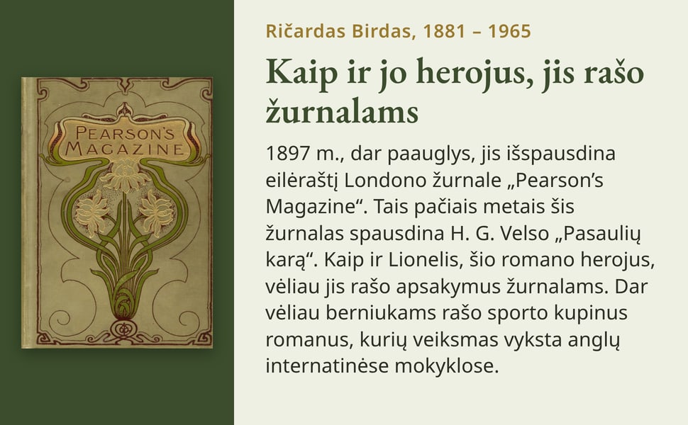 Kaip ir jo herojus, jis rašo žurnalams. 1897 m., dar paauglys, jis išspausdina eilėraštį Londono žurnale „Pearson’s Magazine“. Tais pačiais metais šis žurnalas spausdina H. G. Velso „Pasaulių karą“. Kaip ir Lionelis…