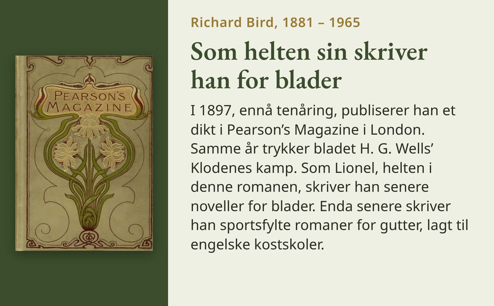 Som helten sin skriver han for blader. I 1897, ennå tenåring, publiserer han et dikt i Pearson’s Magazine i London. Samme år trykker bladet H. G. Wells’ Klodenes kamp. Som Lionel, helten i denne romanen, skriver han…