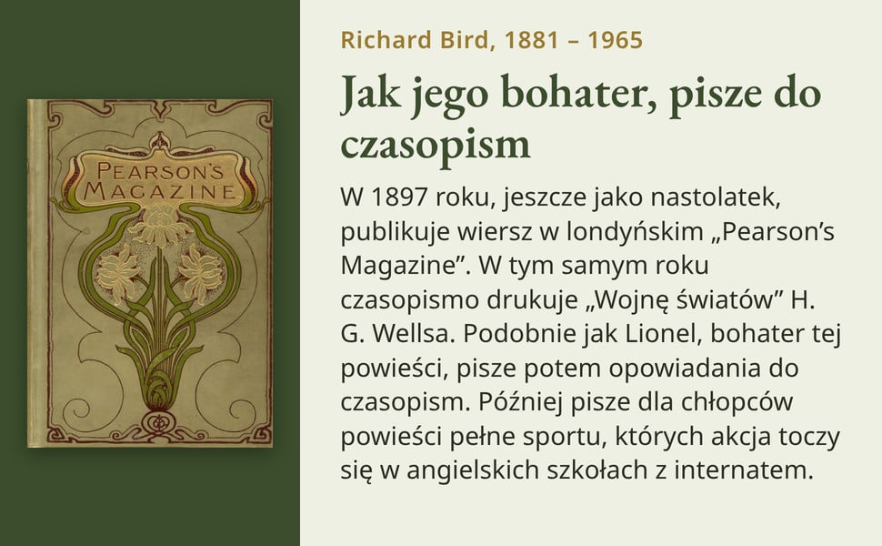 Jak jego bohater, pisze do czasopism. W 1897 roku, jeszcze jako nastolatek, publikuje wiersz w londyńskim „Pearson’s Magazine”. W tym samym roku czasopismo drukuje „Wojnę światów” H. G. Wellsa. Podobnie jak Lionel…