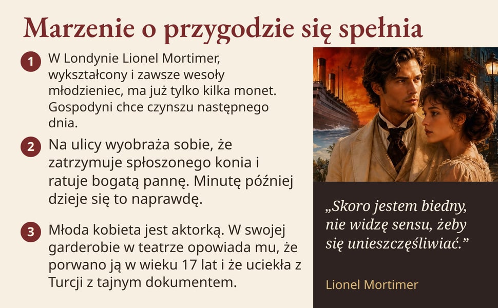 Marzenie o przygodzie się spełnia. W Londynie Lionel Mortimer, wykształcony i zawsze wesoły młodzieniec, ma już tylko kilka monet. Gospodyni chce czynszu następnego dnia.