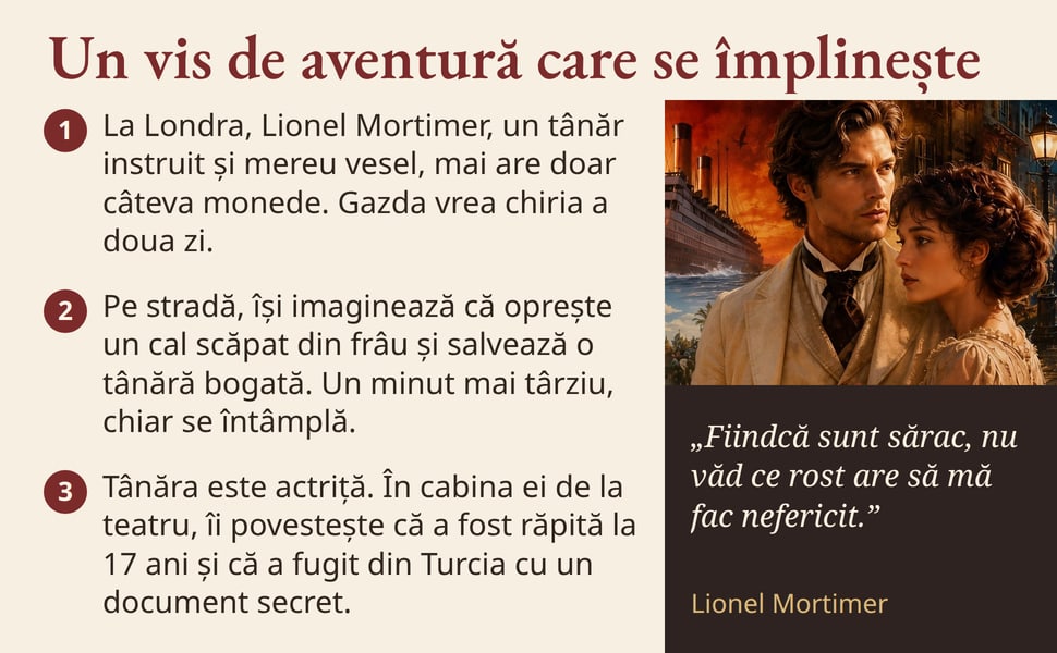 Un vis de aventură care se împlinește. La Londra, Lionel Mortimer, un tânăr instruit și mereu vesel, mai are doar câteva monede. Gazda vrea chiria a doua zi.