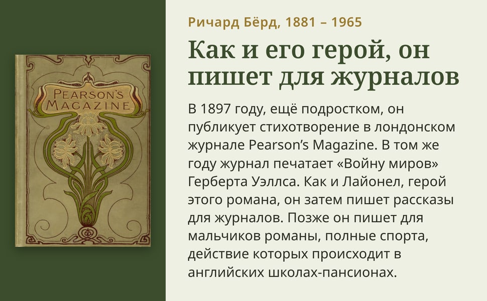 Как и его герой, он пишет для журналов. В 1897 году, ещё подростком, он публикует стихотворение в лондонском журнале Pearson’s Magazine. В том же году журнал печатает «Войну миров» Герберта Уэллса. Как и Лайонел, герой…