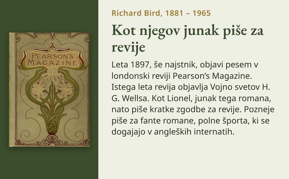 Kot njegov junak piše za revije. Leta 1897, še najstnik, objavi pesem v londonski reviji Pearson’s Magazine. Istega leta revija objavlja Vojno svetov H. G. Wellsa. Kot Lionel, junak tega romana, nato piše kratke zgodbe…