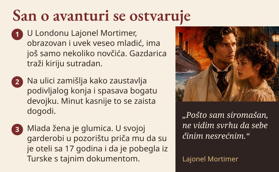 San o avanturi se ostvaruje. U Londonu Lajonel Mortimer, obrazovan i uvek veseo mladić, ima još samo nekoliko novčića. Gazdarica traži kiriju sutradan.