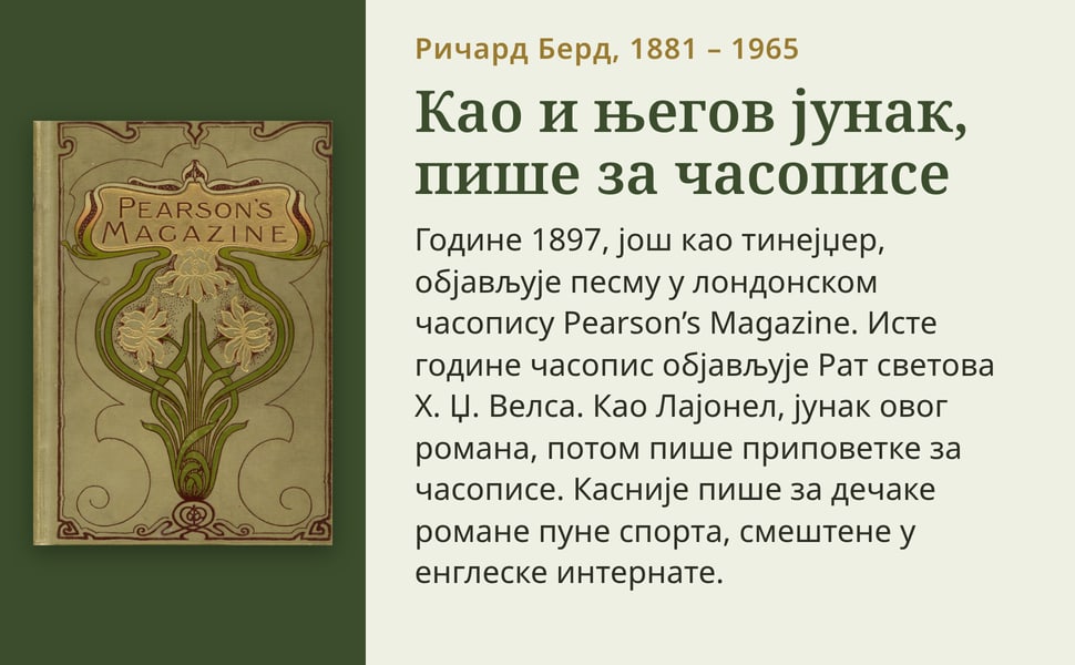 Као и његов јунак, пише за часописе. Године 1897, још као тинејџер, објављује песму у лондонском часопису Pearson’s Magazine. Исте године часопис објављује Рат светова Х. Џ. Велса. Као Лајонел, јунак овог романа, потом…