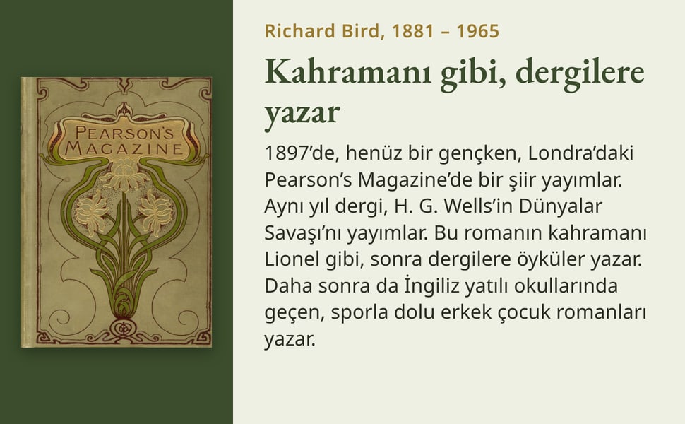 Kahramanı gibi, dergilere yazar. 1897’de, henüz bir gençken, Londra’daki Pearson’s Magazine’de bir şiir yayımlar. Aynı yıl dergi, H. G. Wells’in Dünyalar Savaşı’nı yayımlar. Bu romanın kahramanı Lionel gibi, sonra…
