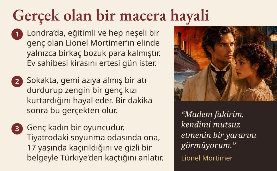 Gerçek olan bir macera hayali. Londra’da, eğitimli ve hep neşeli bir genç olan Lionel Mortimer’ın elinde yalnızca birkaç bozuk para kalmıştır. Ev sahibesi kirasını ertesi gün ister.