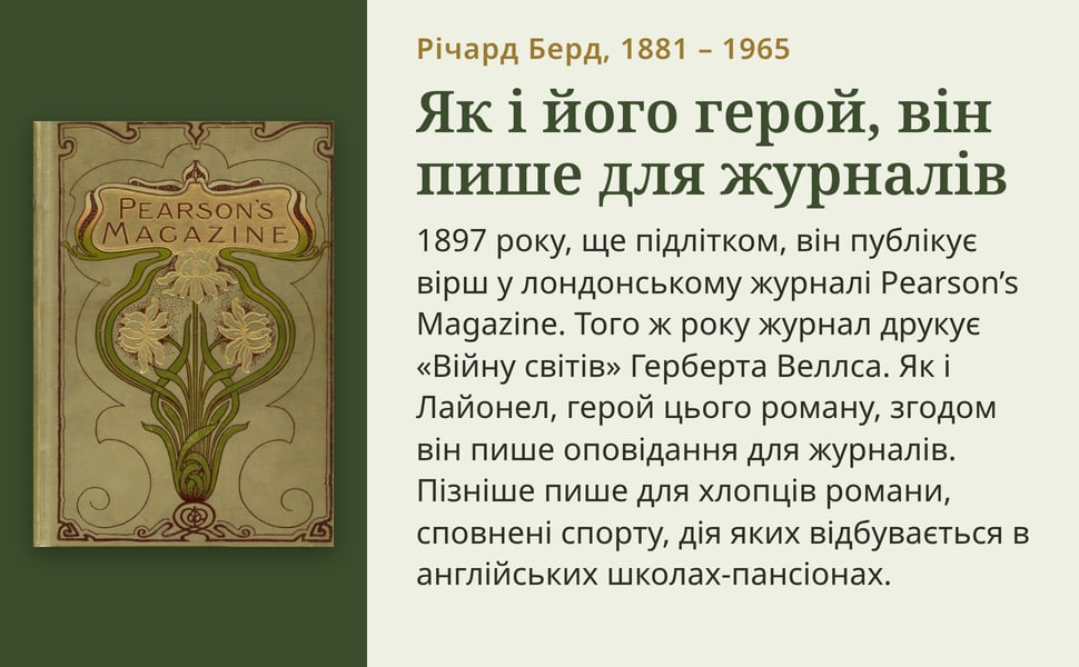 Як і його герой, він пише для журналів. 1897 року, ще підлітком, він публікує вірш у лондонському журналі Pearson’s Magazine. Того ж року журнал друкує «Війну світів» Герберта Веллса. Як і Лайонел, герой цього роману…