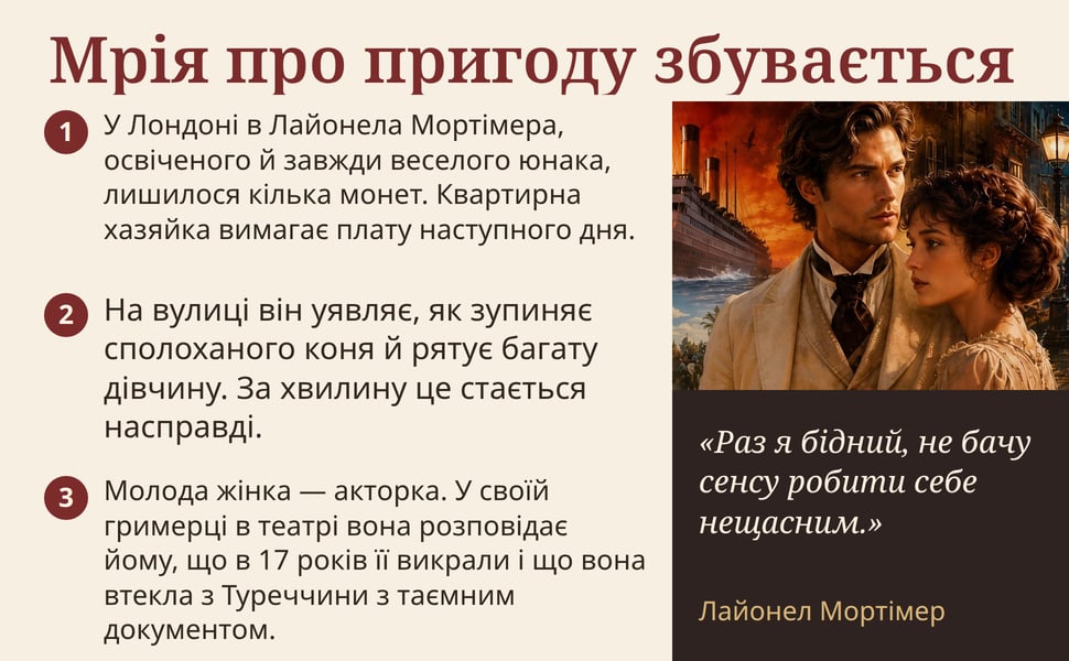 Мрія про пригоду збувається. У Лондоні в Лайонела Мортімера, освіченого й завжди веселого юнака, лишилося кілька монет. Квартирна хазяйка вимагає плату наступного дня.